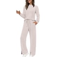 thumbnail image 4 of AHTJRT Women's Tracksuits Striped Crewneck Long Sleeve Tops Drawstrings Side Slit Pants 2 Pieces Athletic Sets Casual Fall Spring Sweatsuits Beige M, 4 of 7
