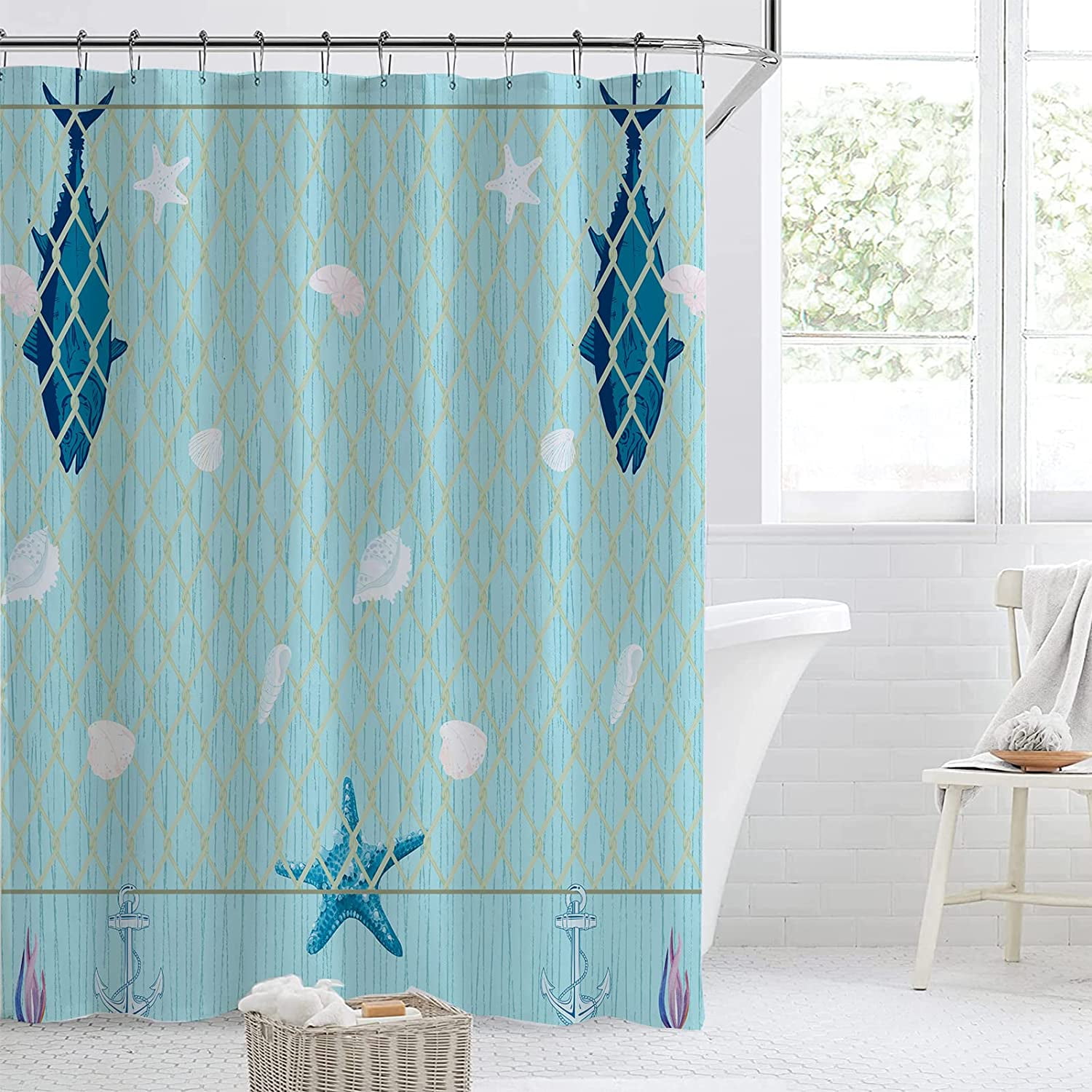 Extra Long 72x84 Nautical Coastal Shower Curtain Set with Hooks