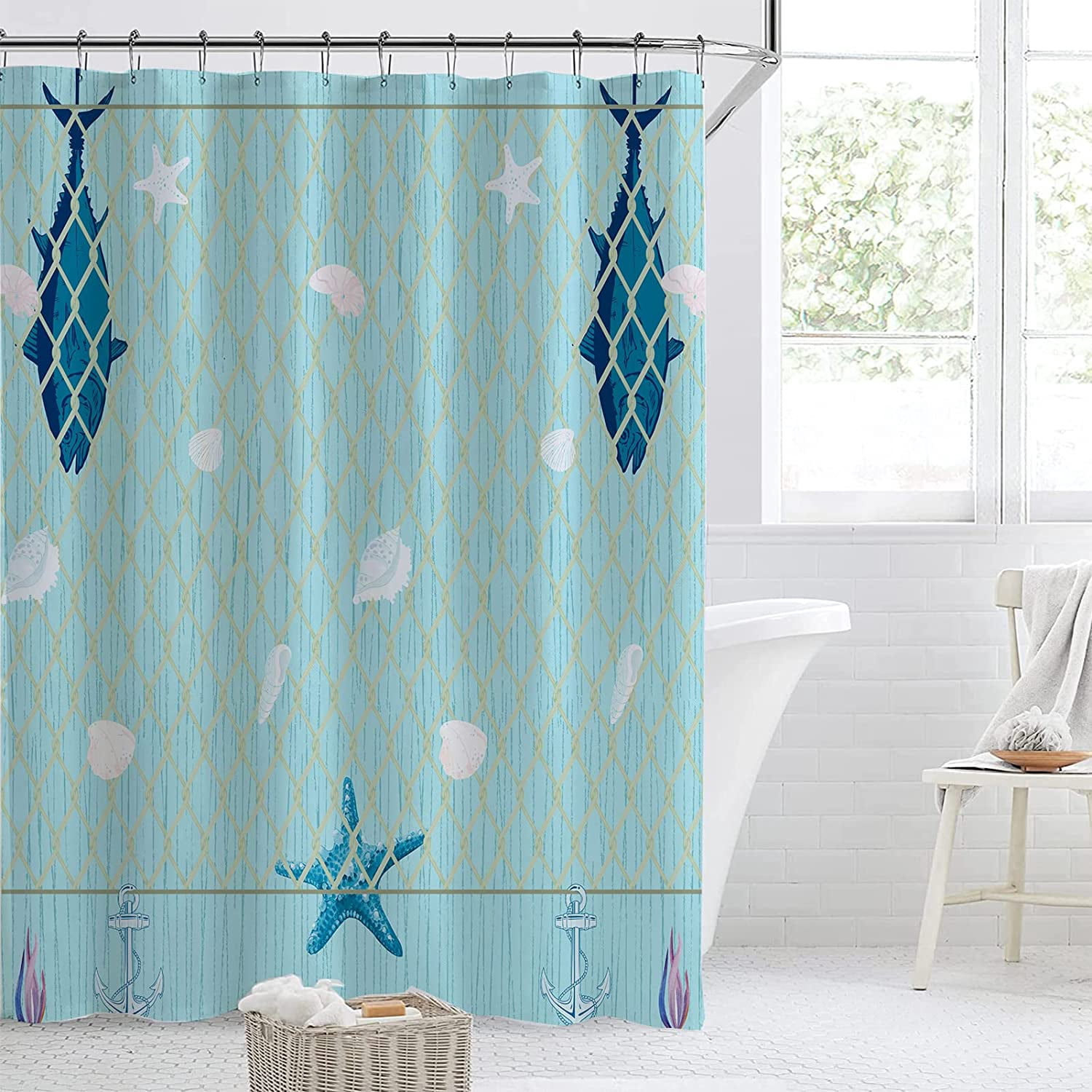 Rustic Nautical Shower Curtain,Lighthouse Sailing Beach Bathroom Shower Curtains,Navy Blue Coastal Bath Curtains Sets with 12 Hooks 72x72in,Waterproof Fabric