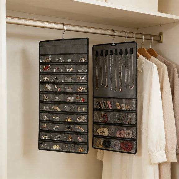 AVYERVO Double-Sided Hanging Jewelry Organizer, 360° Swivel Anti-Tangle Polyester PVC (17"x34") Black, Travel Home Storage for Jewelry & Hair Accessories