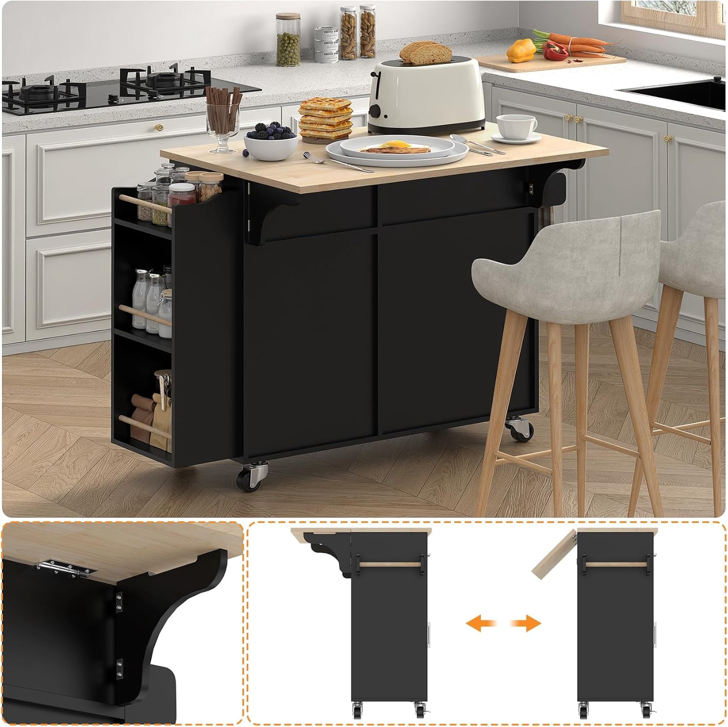 Frmobepts Rolling Kitchen Island with Drop Leaf, Tilt Out Kitchen Trash Cabinet 10 Gallon Storage, Kitchen Cart Island with Rubber wood Top, Spice Rack and Drawers,Black