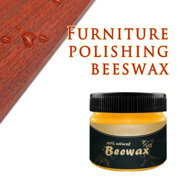 cera de abejas para condimentos de madera cera de abejas natural no tóxica para el cuidado de muebles (80 g) Frasco centrado, vista frontal de 80 g con tapa negra y etiqueta negra "Beewax" y cera amarilla visible; frasco enlatado para pulido y acondicionamiento de madera y mantenimiento de herramientas al aire libre. Fondo blanco con sección de superficie de madera en la esquina superior izquierda; también suele usarse como lustrador para muebles y pisos.