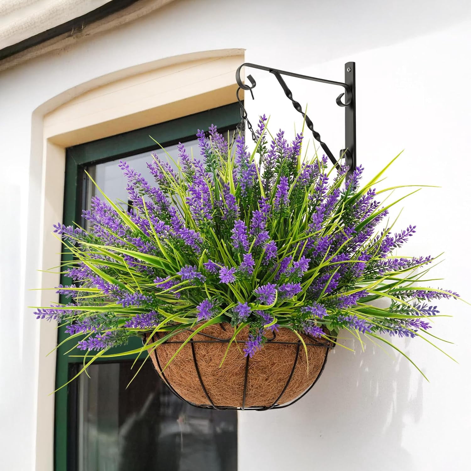 N&T NIETING Artificial Plants Outdoor, 20 Bundles Fake Monkey Grass with Spring Flowers, UV Resistant Faux Plants for Garden Window Office Patio Hanging Planter Pathway Front Porch Home(Purple)