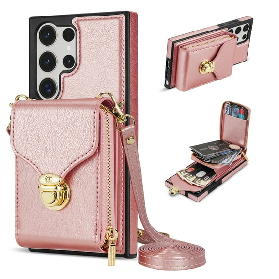Samsung Galaxy S23 Ultra Case with Card Holder for Women Phone Case Wallet with Strap Credit Card Slots Crossbody Strap with Kickstand Zipper Shockproof Case For Samsung Galaxy S23 Ultra,Rosegold