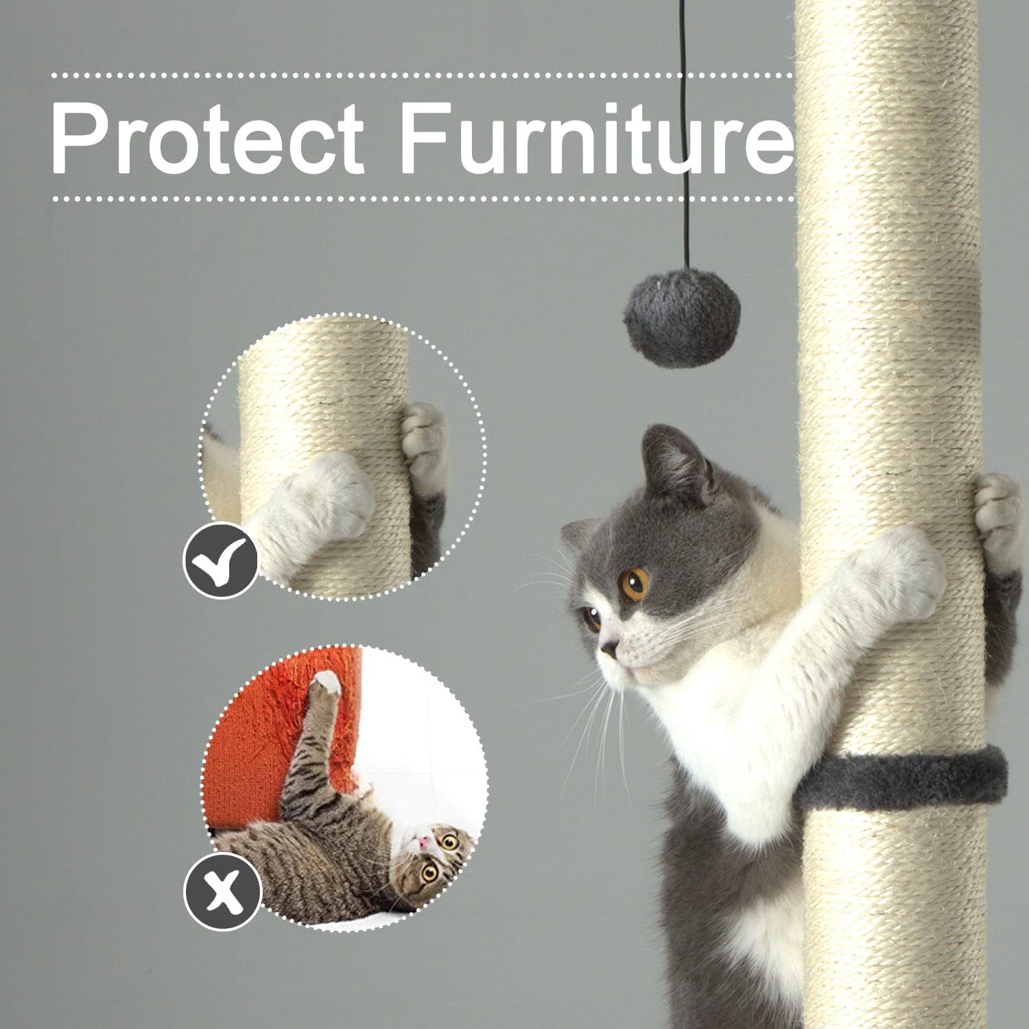 32" Tall Cat Scratching Post Sisal Scratch Posts with Hanging Ball and Self-Massage Brush Vertical Scratcher for Indoor Cats and Kittens(Light-Gray 32inches)