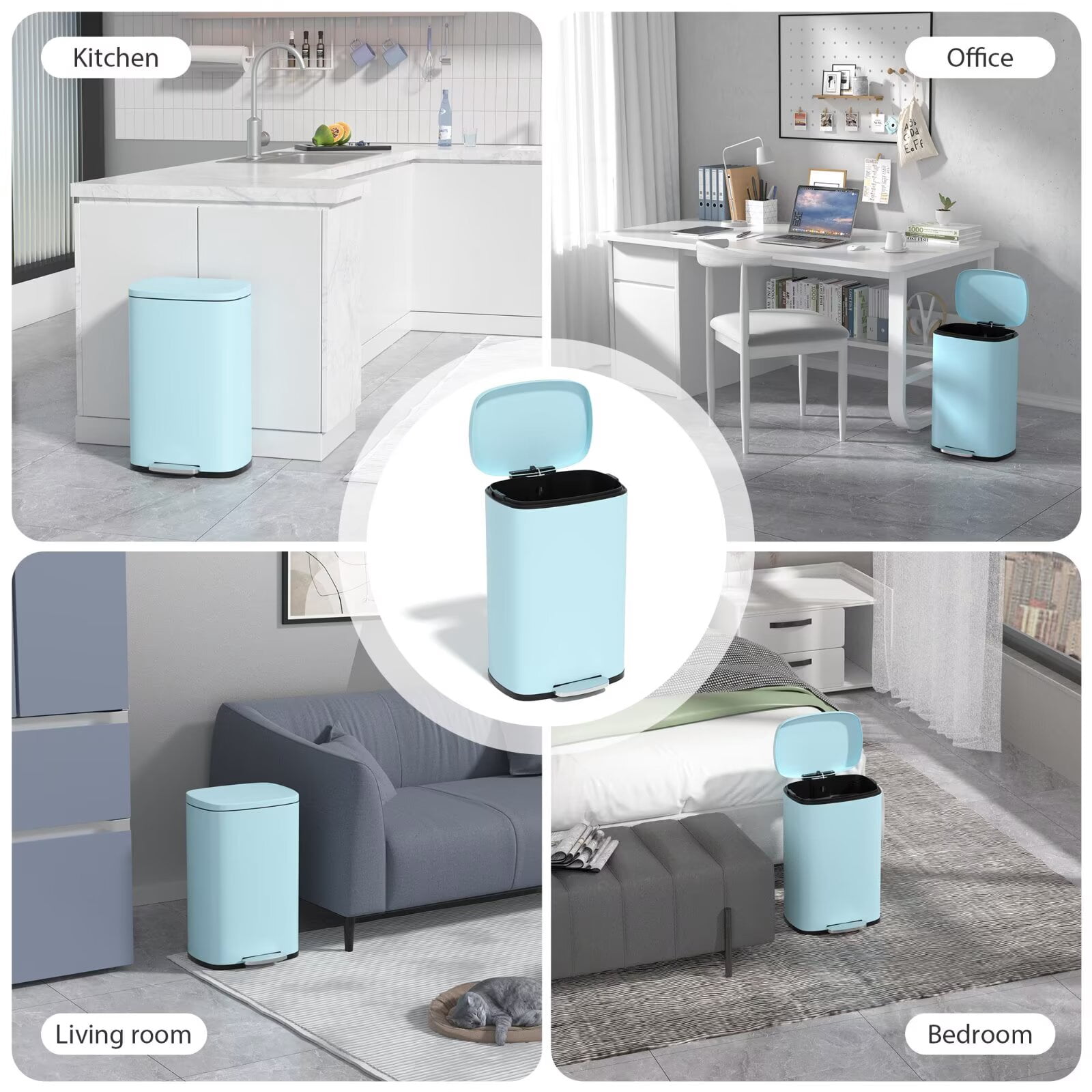 YRLLENSDAN 50 Liter/13 Gallon Stainless Steel Trash Can, Garbage Can with Lid and Removable Inner Bucket, Fingerprint Proof Trash Bin for Bathroom Kitchen Bedroom Office, Blue