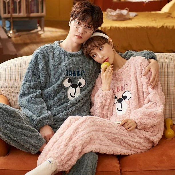 Conjuntos de pijamas para parejas para hombres y mujeres ropa de dormir gruesa de invierno ropa de dormir de dinosaurio de dibujos animados amantes coreanos ropa de casa suave y calida