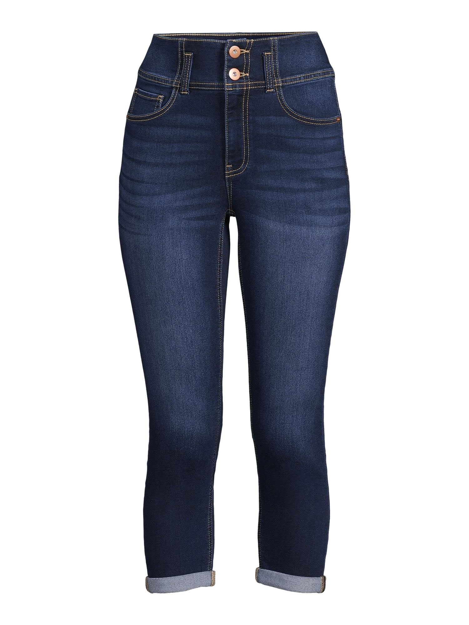 WMNS Corset Style Extra High Waist Line Button Line Front Jeans - Blue