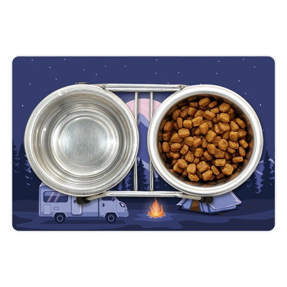 RV Pet Mat for Food and Water, Family Adventure Camping Night Scene Pine Forest Rocky Mountains Background, Non-Slip Rubber Mat for Dogs and Cats, 18" X 12", by Ambesonne