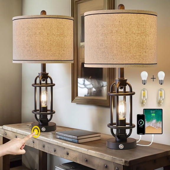 Oneach 23.75" Industrial Table Lamp Set of 2 with A C USB Ports,Black Metal Modern Bedroom Lamps for Living Room with 3-Way Dimmable Touch Control Nightlight