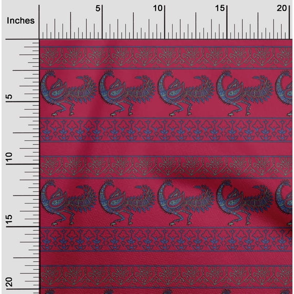 oneOone Silk Tabby Fabric Floral & Peacock Block Printed Craft Fabric BTY 42 Inch Wide