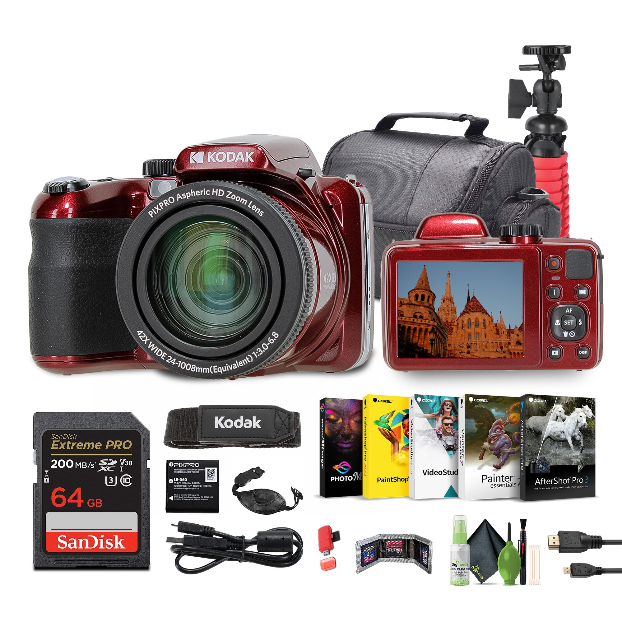 Kodak PIXPRO AZ425 20MP Vlogging Digital Camera (Red) 42X Optical Zoom, 24mm Wide Angle Lens Bundle With 64GB Memory Card + Vlogger Tripod + Bag + More Vlog Accessories