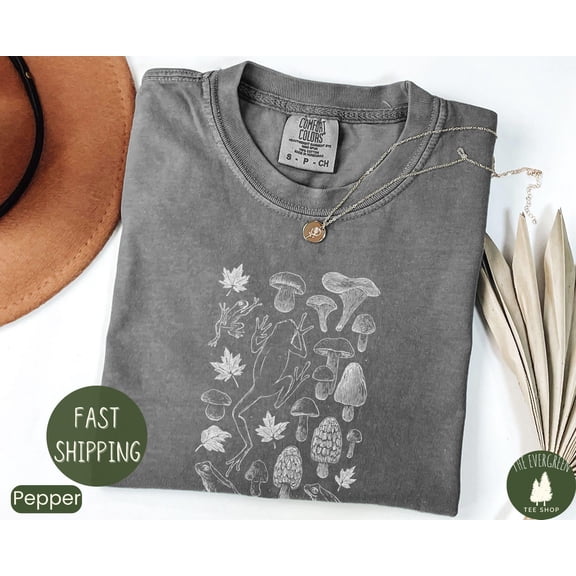 Velto Frogs And Mushrooms Graphic Tshirt Vintage Cottagecore Botanical Retro Outfit Dark Academia Inspired Wear Fullsize S-5XL Shirt