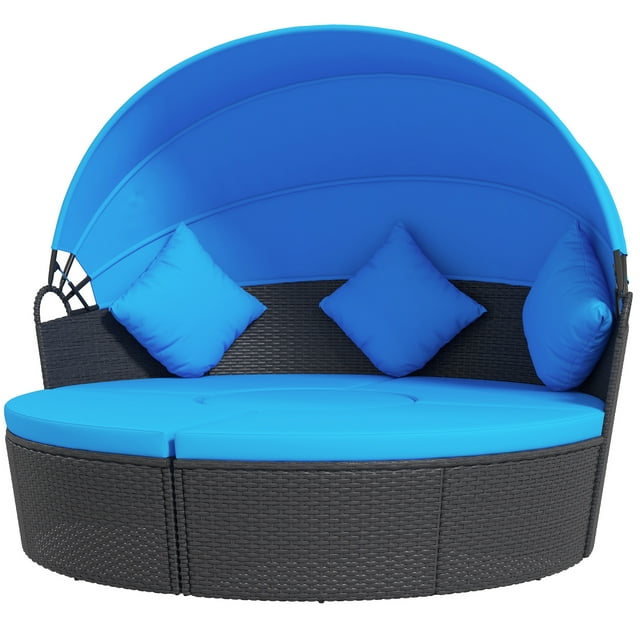 CoSoTower Canapé-Lit Rond 4 Pcs, Lit de Jour d'Extérieur avec Auvent Rétractable, Chaise Longue de Patio en Rotin PE Osier