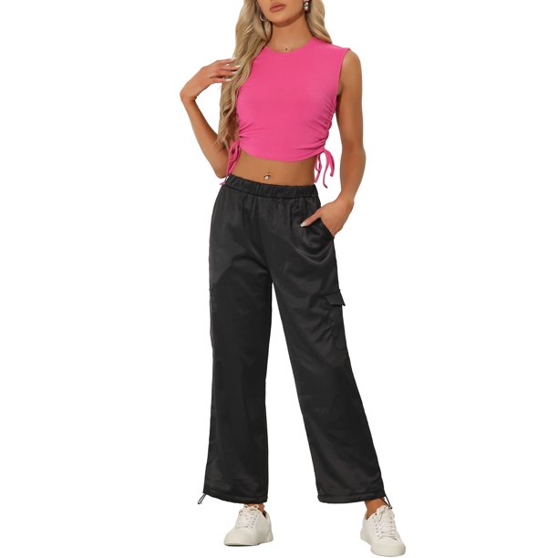 INSPIRAR CHIC Conjuntos Casual de 2 piezas para Mujer, Top sin mangas de satén y Pantalones cargo, Traje M Negro Rosa