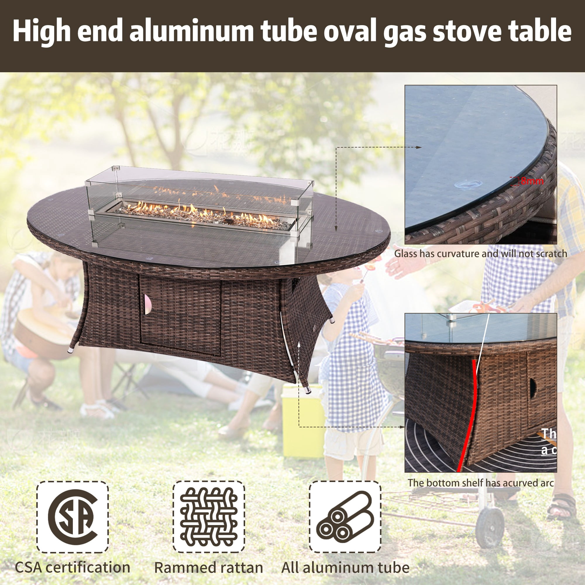 Direct Wicker Outdoor Patio Rattan Propane 6-Seat Oval Gas Fire Pit Table - Brown (Table Only)