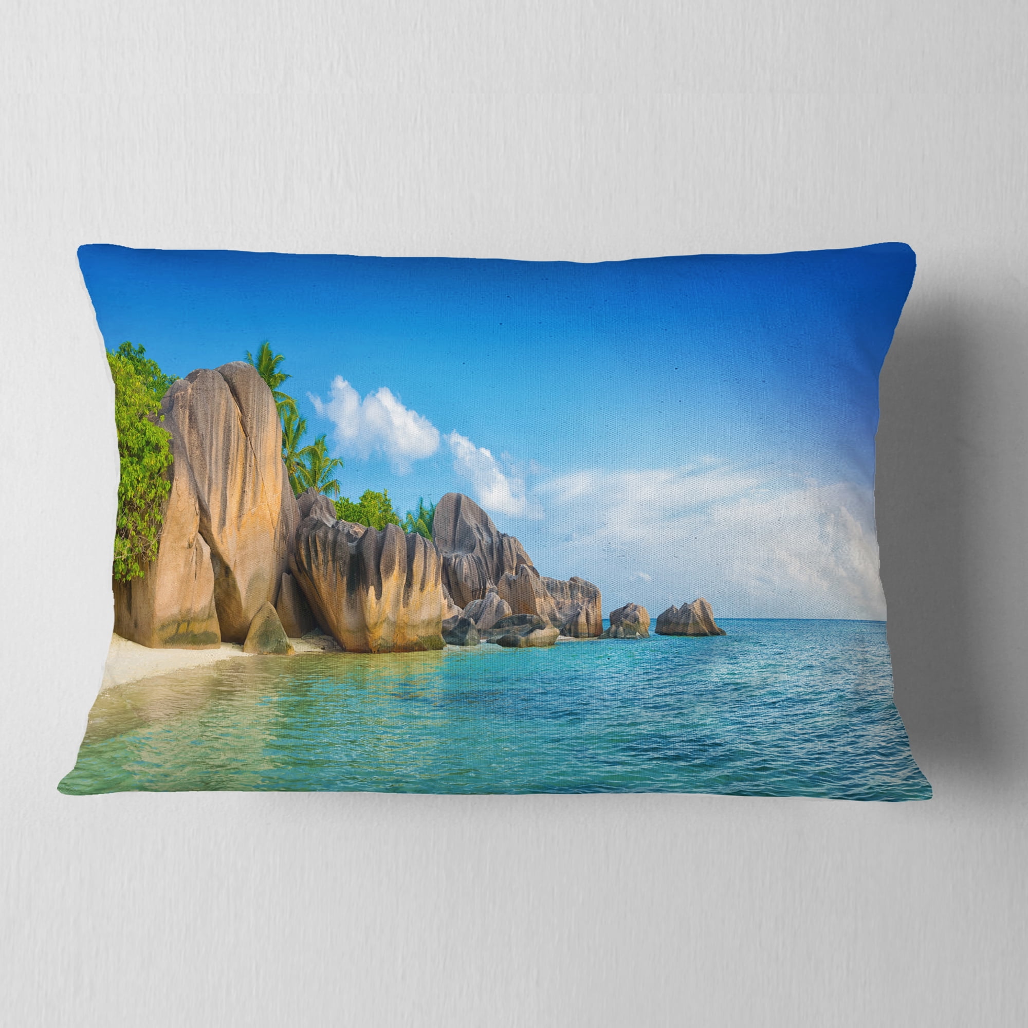 Designart Fantastic Seychelles Seashore - Seascape Throw Pillow - 12x20
