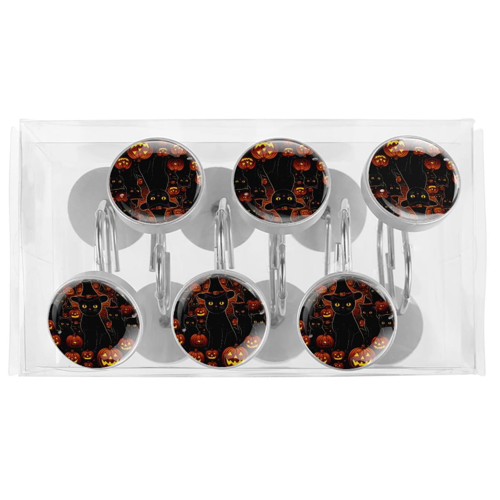 12pcs Decorative Shower Curtain Hooks, Rust Resistant Shower Rings for Bathroom Living Room,Rustproof Stainless Steel Rings for Shower Curtain and Liner Rods,Halloween Cat R