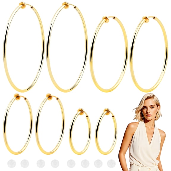 4 Pairs Anti-Pain Earring Pads and 4 Pairs Clip On Hoop Earrings Brass Circle Fake Hoop Spring Earring Clips for Women Non-Pierced Ears, 4 Sizes