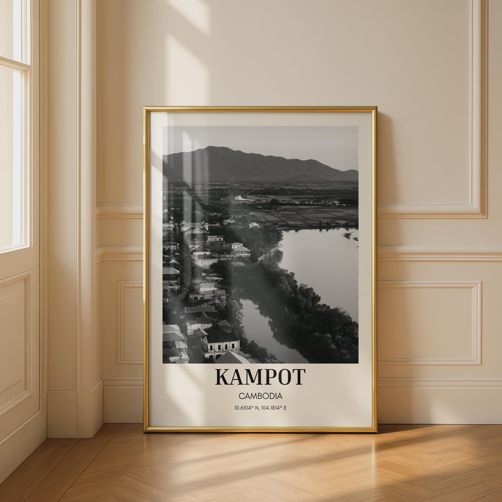 Kampot Cambodia Print Black And White Travel River Town Aerial View Southeast Asia Wall Art Coordinates Print