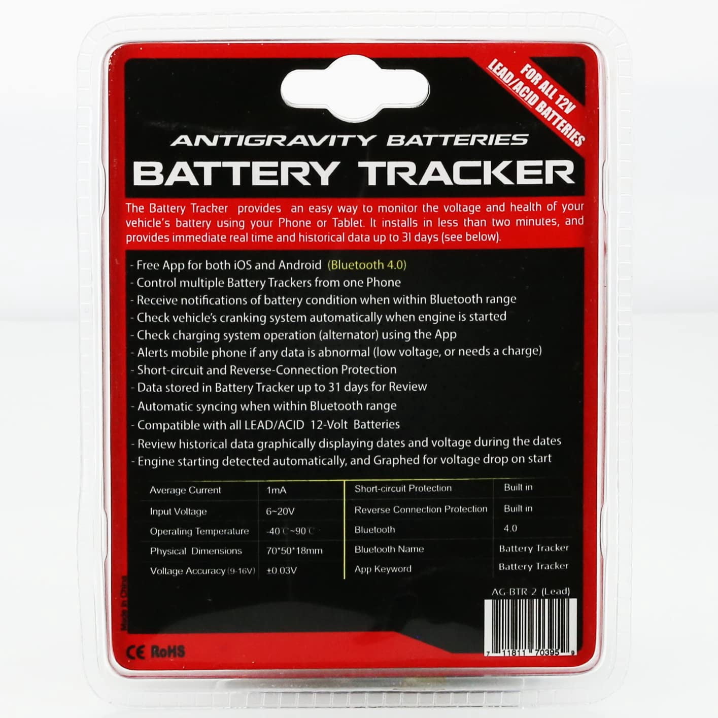 Antigravity BTR-2 Bluetooth Battery Monitor – Wireless 12V Lead-Acid Battery Tracker for Cars, Motorcycles, ATVs & Trucks