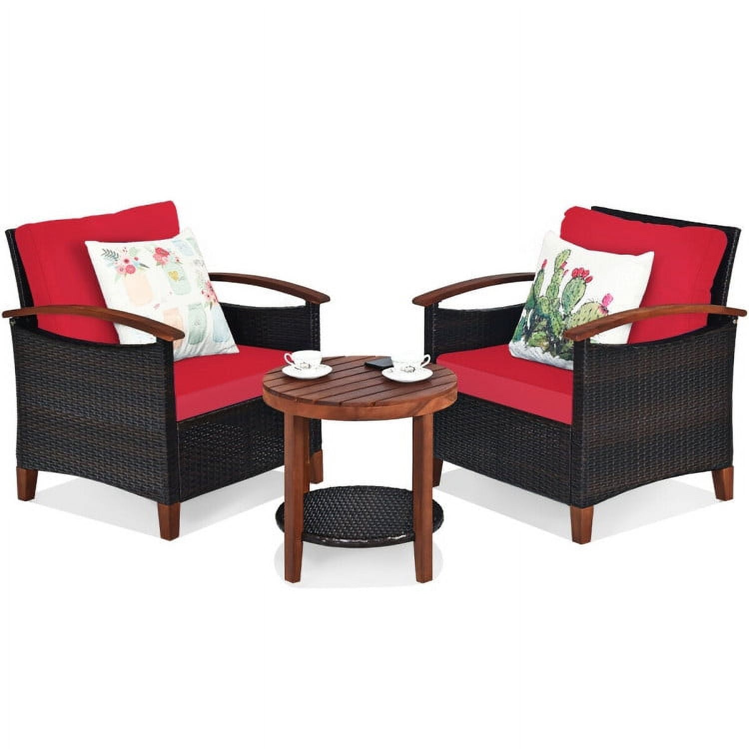 Aimee Lii 3 Pieces Patio Rattan Furniture Set with Washable Cushion and Acacia Wood Tabletop, Small Patio Set, A-Red