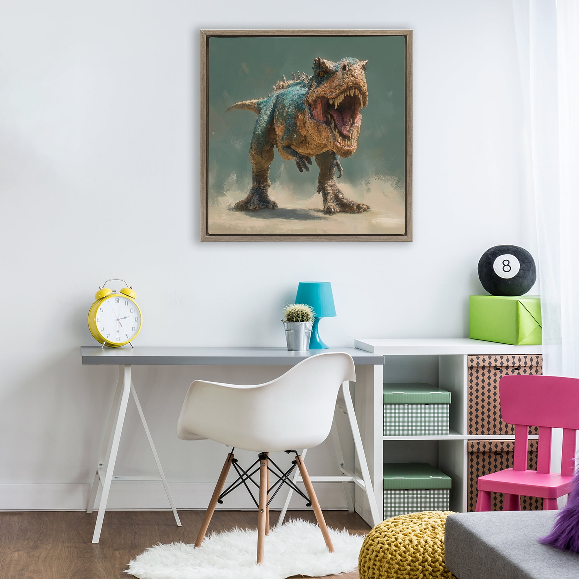 Stupell Industries Roaring T-Rex in Green Brown Framed Floater Canvas Wall Art, design by Wumples