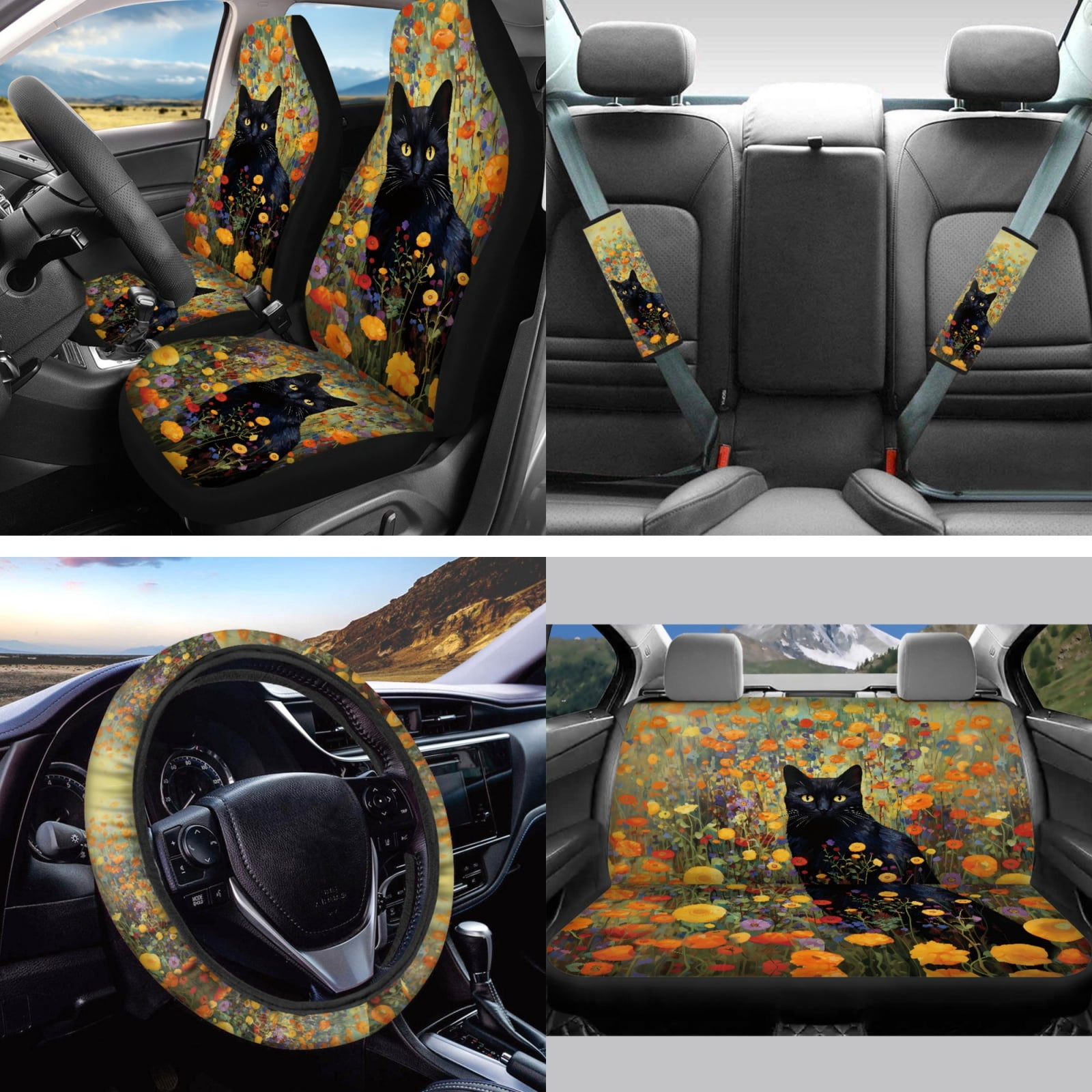 Jeiento Black Cat Car Accessories Sets 13 PCS Car Seat Protector Steering Wheel Cover Floral Seatbelt Shoulder Pad Auto Rear View Mirror Covers Coasters Keychain Lipstick Holder Interior Car Decor