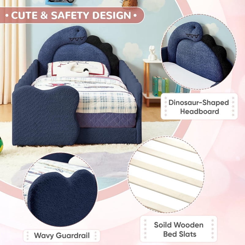 Twin Size Upholstered Platform Bed with Dinosaur Shaped Headboard, Boucle Fabric Kids Bed with Slats Support, Space-Saving Daybed for Girl, Boy, Teenager