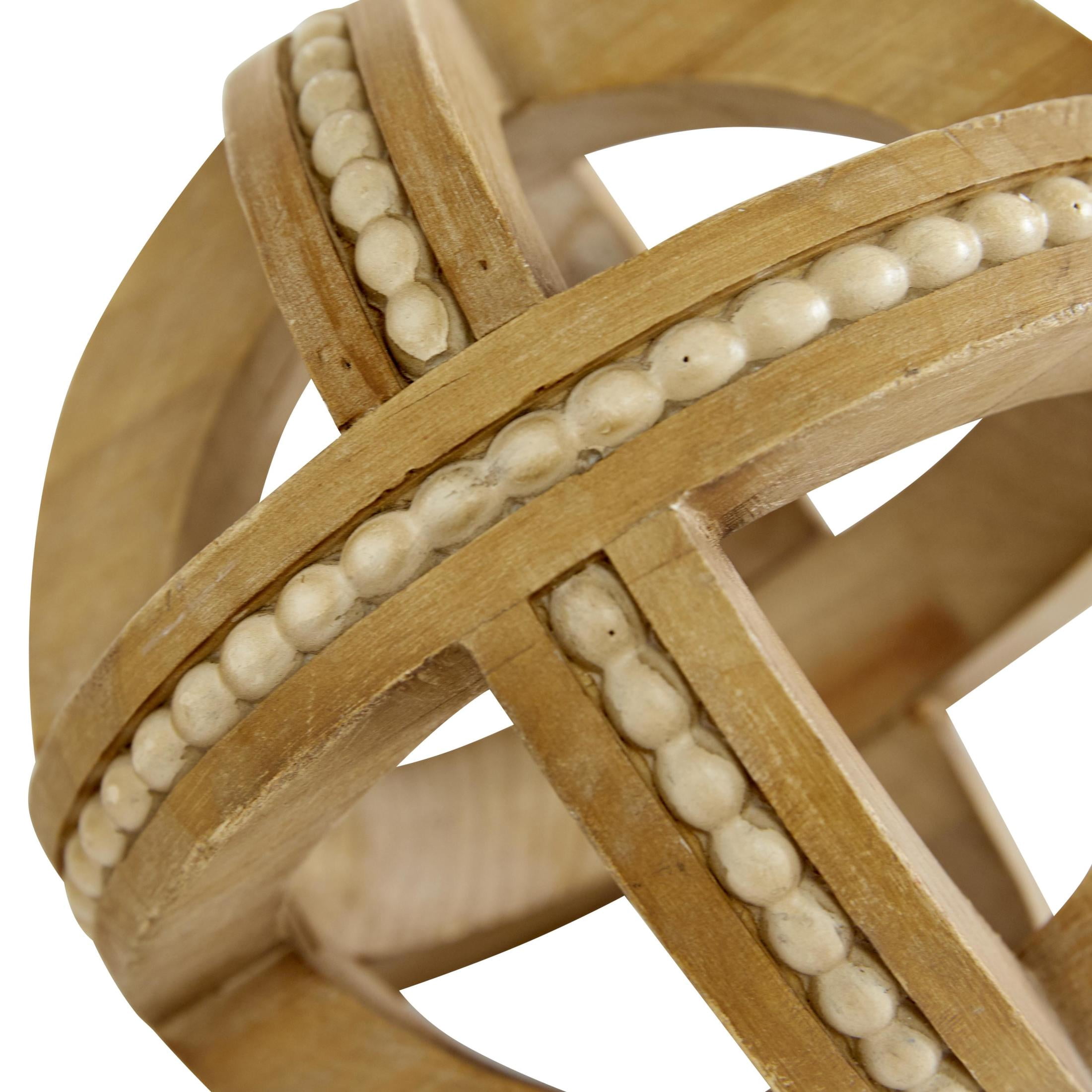 7", 6", 4"H Brown Wood Handmade Beaded Orb Geometric Sculpture, by DecMode (3 Count)
