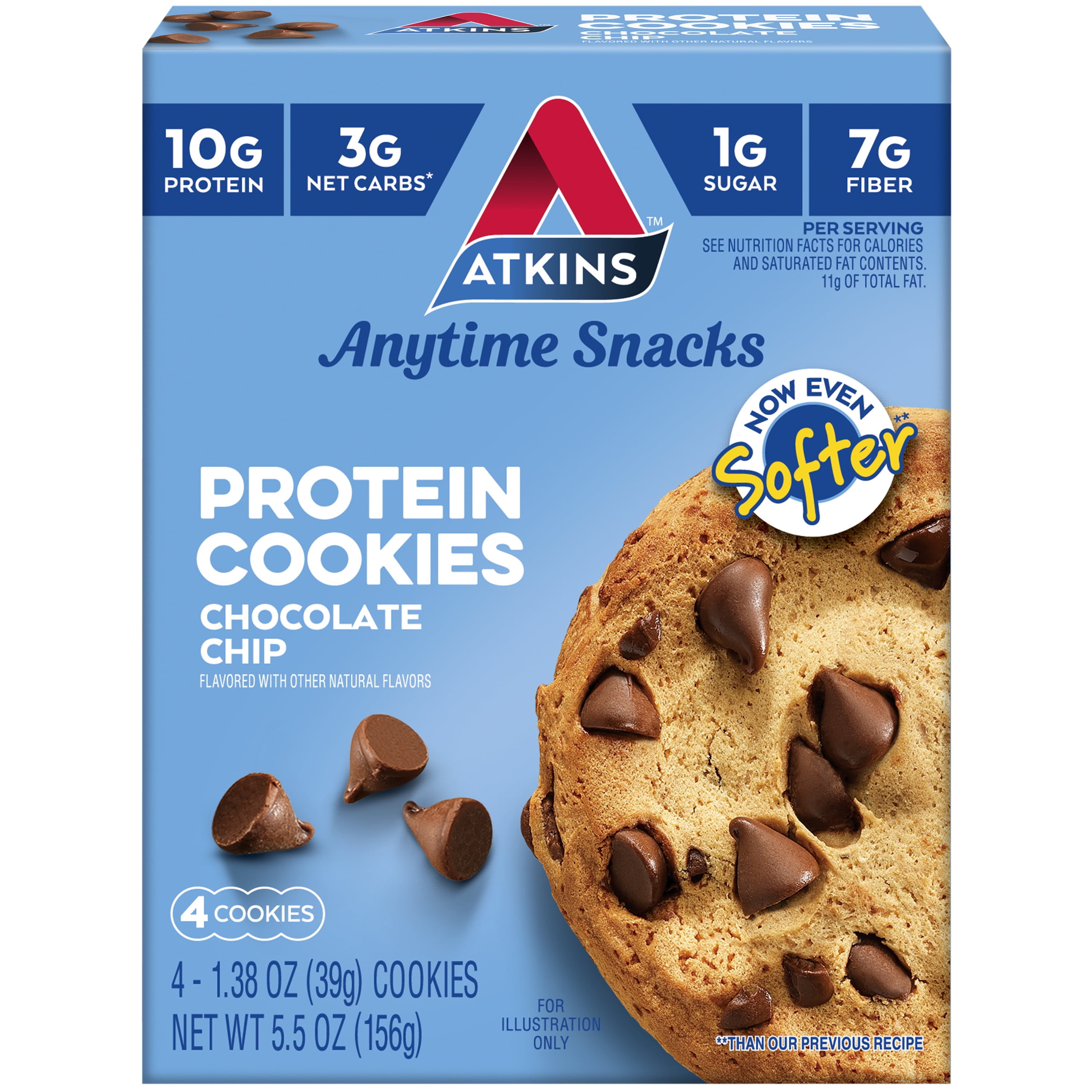 Atkins Chocolate Chip Protein Cookie, Protein Dessert, Rich in Fiber, Low Carb, Low Sugar, Keto Friendly, 6/4 Packs
