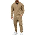 thumbnail image 2 of Men's Winter 2-Piece Set, Quarter-Zip Stand Collar Fleece Sweatshirt with Multi Pockets and Cargo Jogger Pants, Casual Workwear For Cold Weather,Camel,M, 2 of 8
