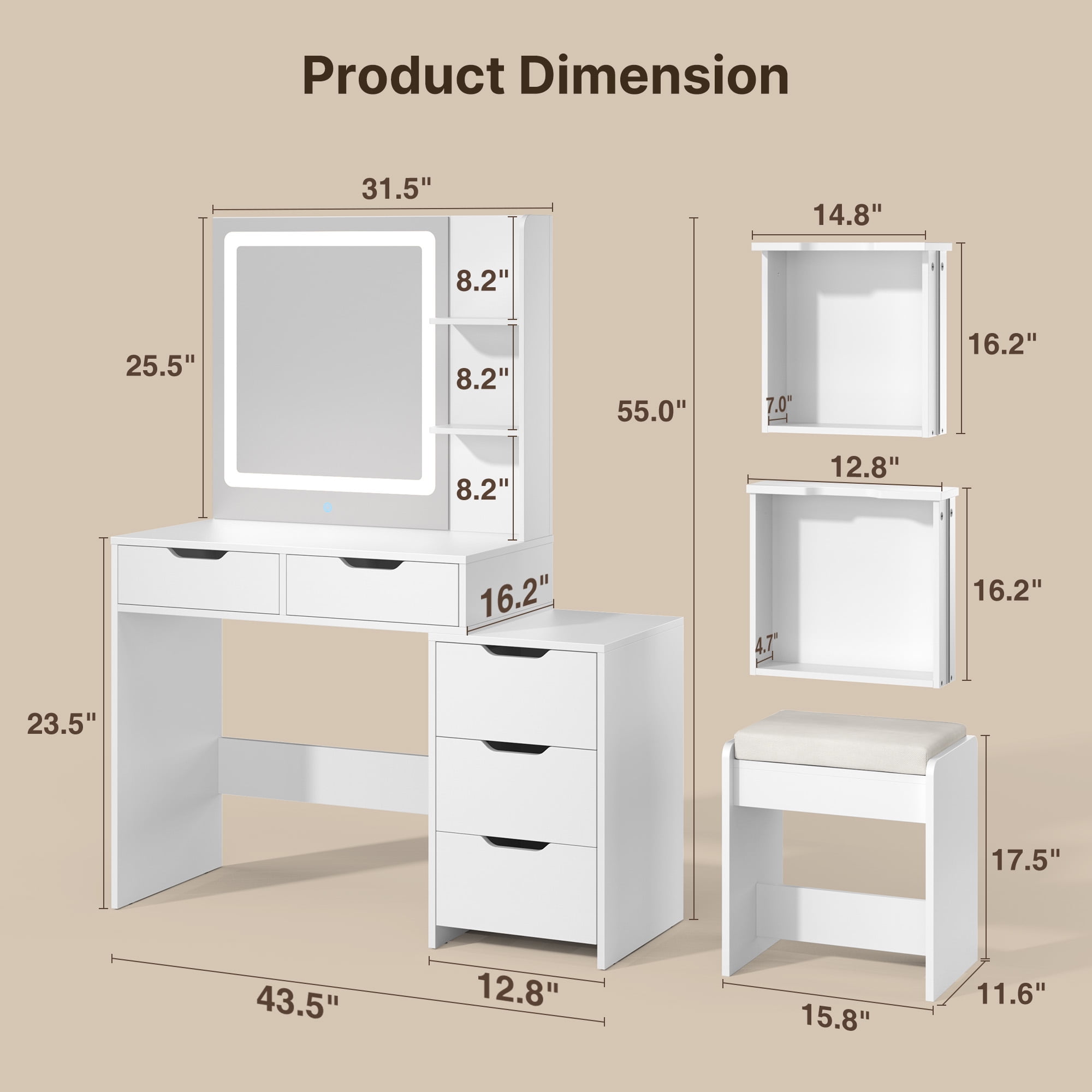 Aiho Makeup Dressing Table with Lighted Mirror - 3 Adjustable Color Modes, 5 Drawers & Storage Shelves, Vanity Set for Bedroom - White