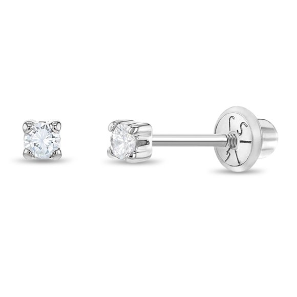 14k White Gold Girls 2mm Clear Cubic Zirconia Prong Set Solitaire Screw Backs