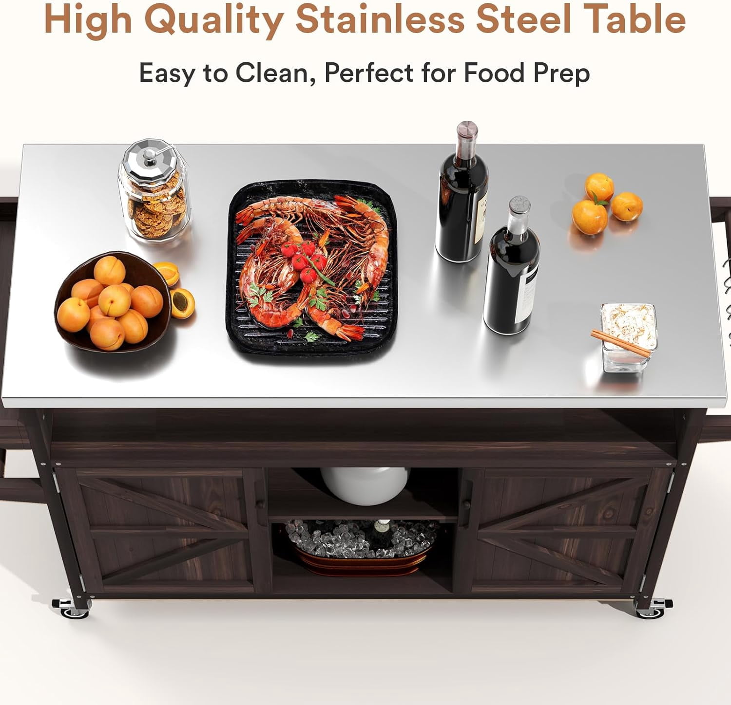 ZIVACATE Outdoor Grill Cart With Storage Solid Wood Kitchen Island on Wheel Stainless Steel Tabletop