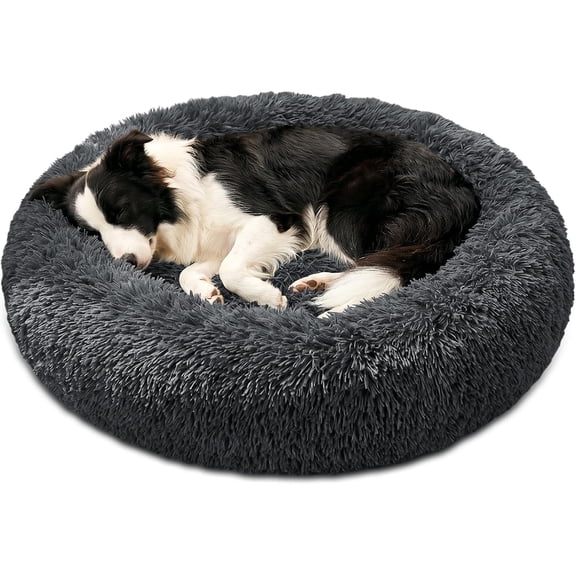 Washable Donut Dog Bed Medium 31 Inch Round with Removable Cover Anti-Slip Faux Fur Dark Grey
