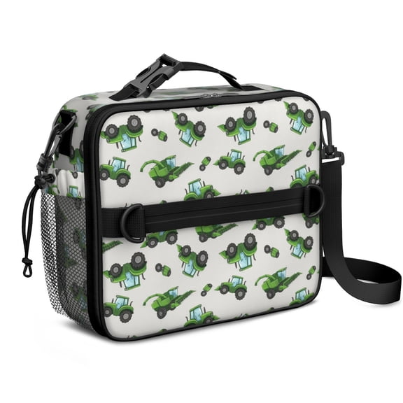 Tractor and Harvesters Gray Pattern Insulated Lunch Bag with Shoulder Strap and Bottle Holder,Bento School Lunch Bag Box,11x9.5x3.5 Inches