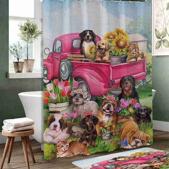 70x70 inch Rustic Pink Truck with Dogs, Cats, and Sunflowers Shower Curtain, Waterproof Polyester Fabric with Hooks for Bathroom Decor