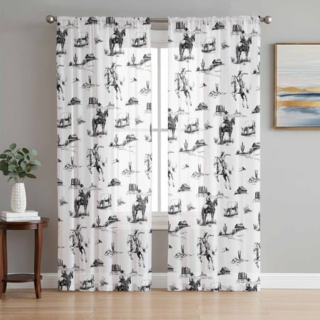 Black Western Cowboy Sheer Curtains 63 Inch Length 2 Panels Set Vintage Horse Cactus Ethnic Art Voile Window Treatment Rod Pocket Curtains Sheers Drapes for Bedroom/Living Room/Kitchen 52x 63 x2