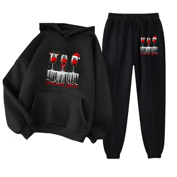 Womens Hoodies Set Holiday Deals Usmixi Christmas 2 Pieces Outfits for Women Fashion Wine Glasses Print Hooded Sweatshirt and Drawstring Jogger Pant Tracksuits Sweatsuit Lounge Sets Up to 65% off