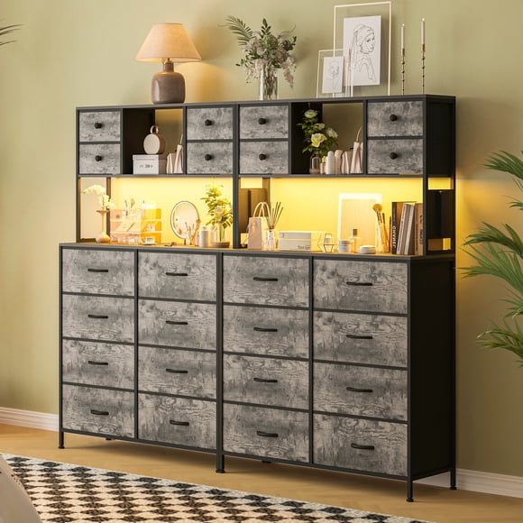 12 Drawer Fabric Dresser with LED Light & Charging Station - Tall Storage Chest with Open Shelves, Metal Frame, Wooden Top - Bedroom, Living Room, Entryway - Grey, Dekor