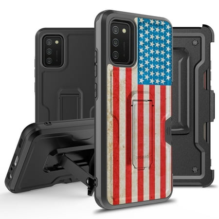 ANJ+ Rugged Hybrid Shockproof Case w/Kickstand + Holster Clip Card Slot Cover for Samsung Galaxy A02S (SM-A025) - American Flag