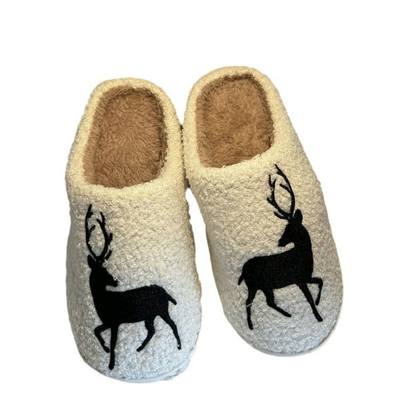 Christmas Reindeer Plush Slippers, Warm Indoor House Shoes for Women Men