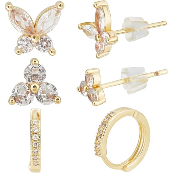 1 Box 3Pcs Cubic Zirconia Earrings 14K Gold Plated Brass Butterfly Round Hoop Earring Studs for Women