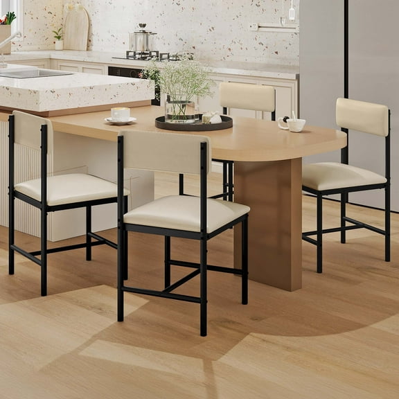 ModFusion Set of 4 Waterproof Dining Chairs with 1.38 ft Modern White Faux Leather Upholstered Cushion, Headrest, Black Metal Bar, 300 lb Kitchen Chair