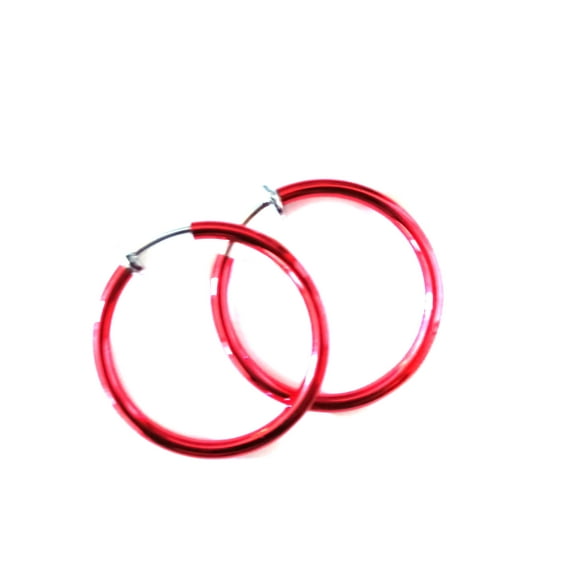 Clip-on Hoop Earrings 1 inch Red Hoops Spring Closure Non Pierced