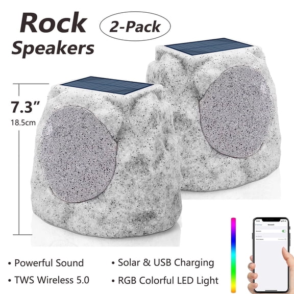 NiceBuy Outdoor Waterproof Solar Powered Bluetooth Rock Speakers with TWS Pairing and RGB Lights, 2 Pack