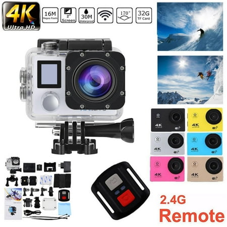 Action Camera 4K WiFi Ultra HD Underwater 30M Waterproof 170° Wide Angle Lens Sports Camcorder with Remote Control 2 Rechargeable Batteries and Mounting Accessories Kit