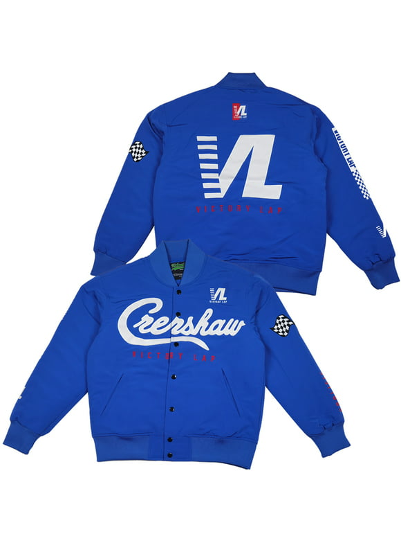 Men's Victory Lap Crenshaw Cover Hip Hop Rap Baseball Satin Jacket Stitched Blue Size XS