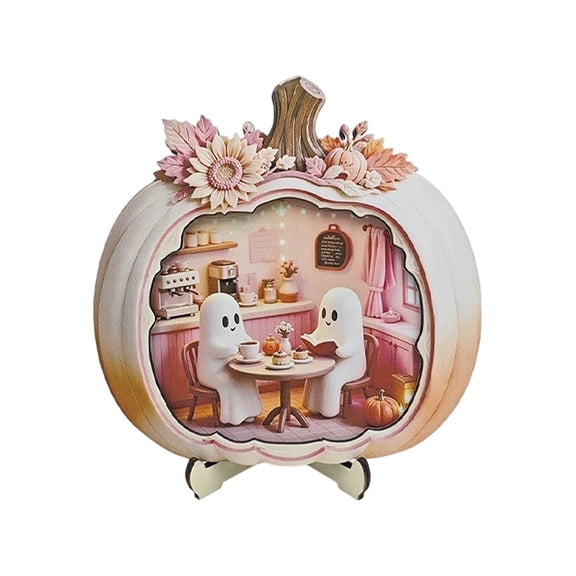 Pink Pumpkin Shaped 2D Wooden Ornament with LED Light, Mini Ghost Room Scene Woodcraft, Cute Pastel Halloween Desktop Decor for Tiered Tray, Shelf, Fall Home Party Decoration